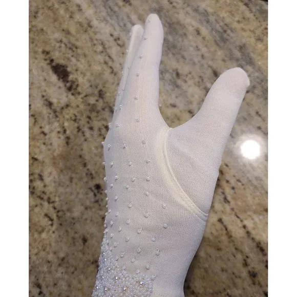 New? Vintage One Size Fits Cream Stretch Nylon Formal 8" Gloves Silver Tone Bead - Picture 13 of 16